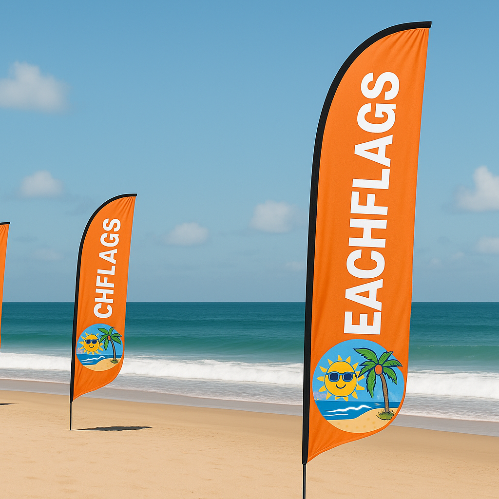 eigen ontwerp op beachflag met bedrijfslogo
